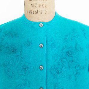 Vintage Womens 50s / 60s Angora Wool Embroidered Cardigan Turquoise Blue M NWOT